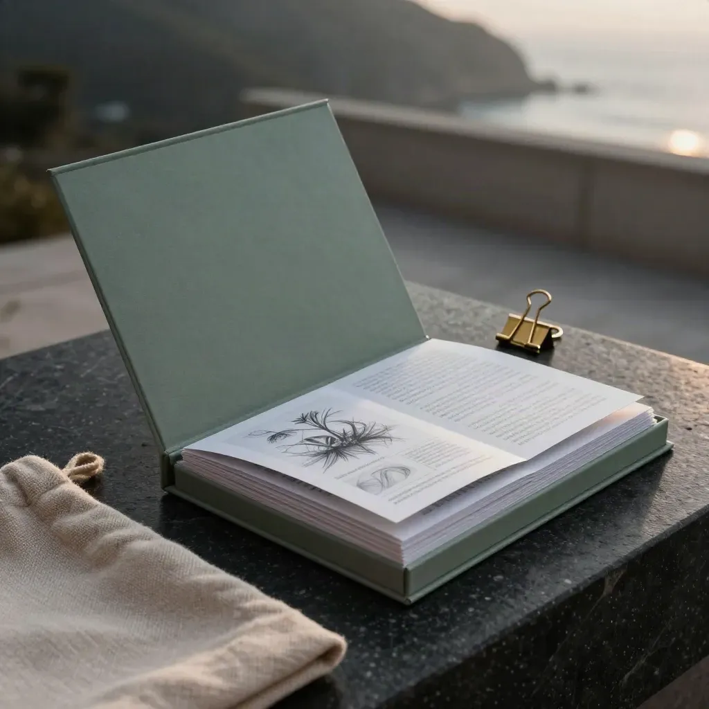 Opened brand starter kit with folio, sketch cards, mockups, brass clip and linen pouch on dark stone.