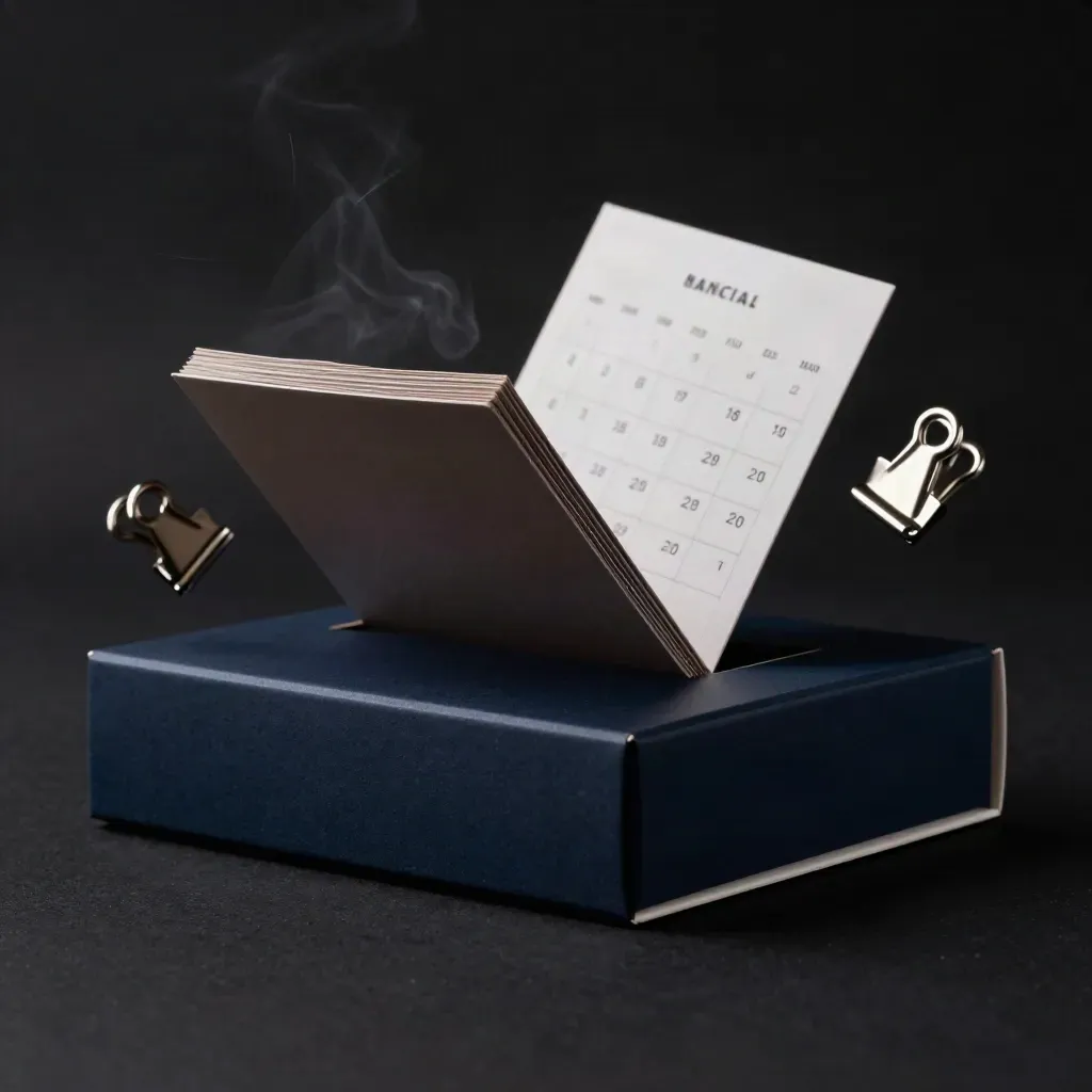 Premium social launch pack with cards, calendar foldout and metal clips in dark studio light.