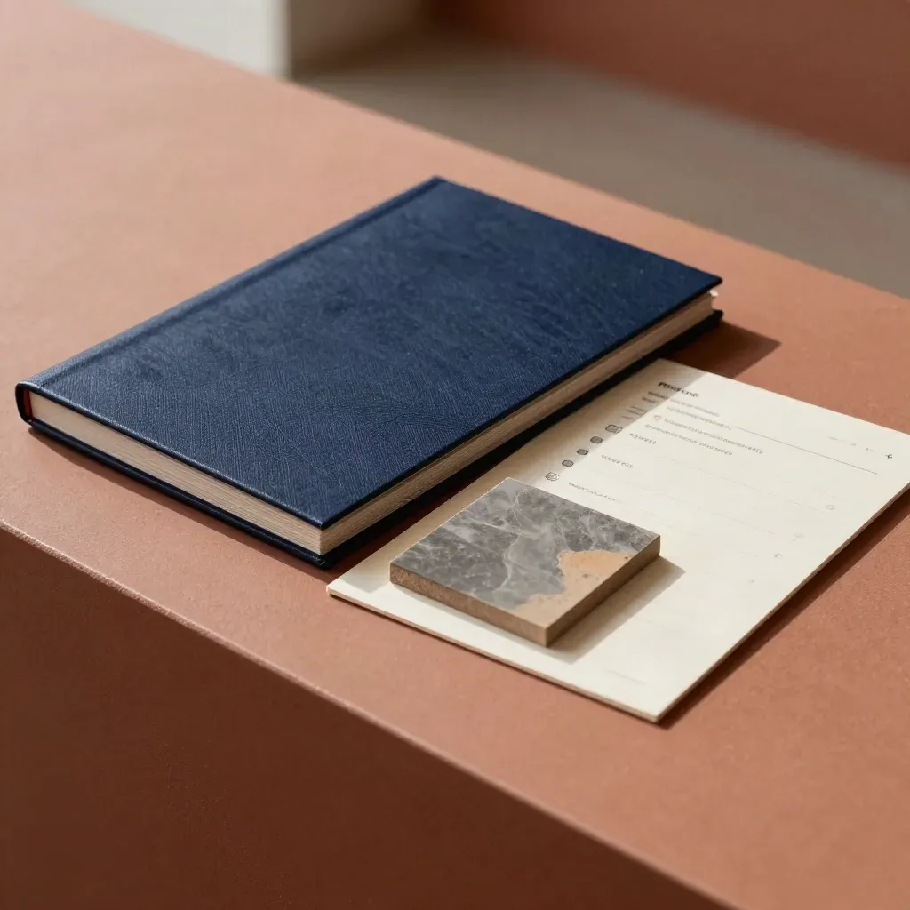 Open navy review folder with cue cards and mineral tile on terracotta plinth
