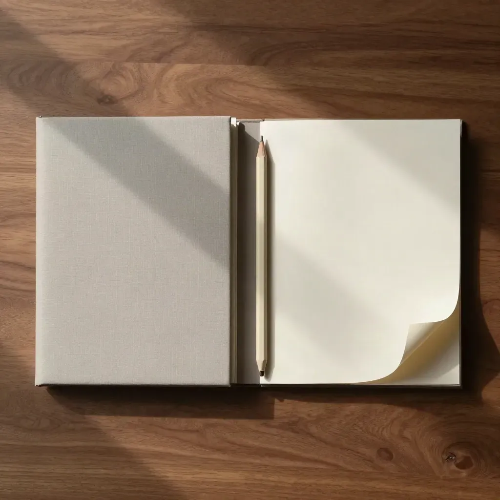 Top-down flatlay of a binder, page cards, pencil and folded brief on warm wood.